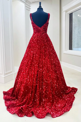A-Line Red Sequin Quince Dresses Square Neck Backless Long Prom Dresses MyChicDress